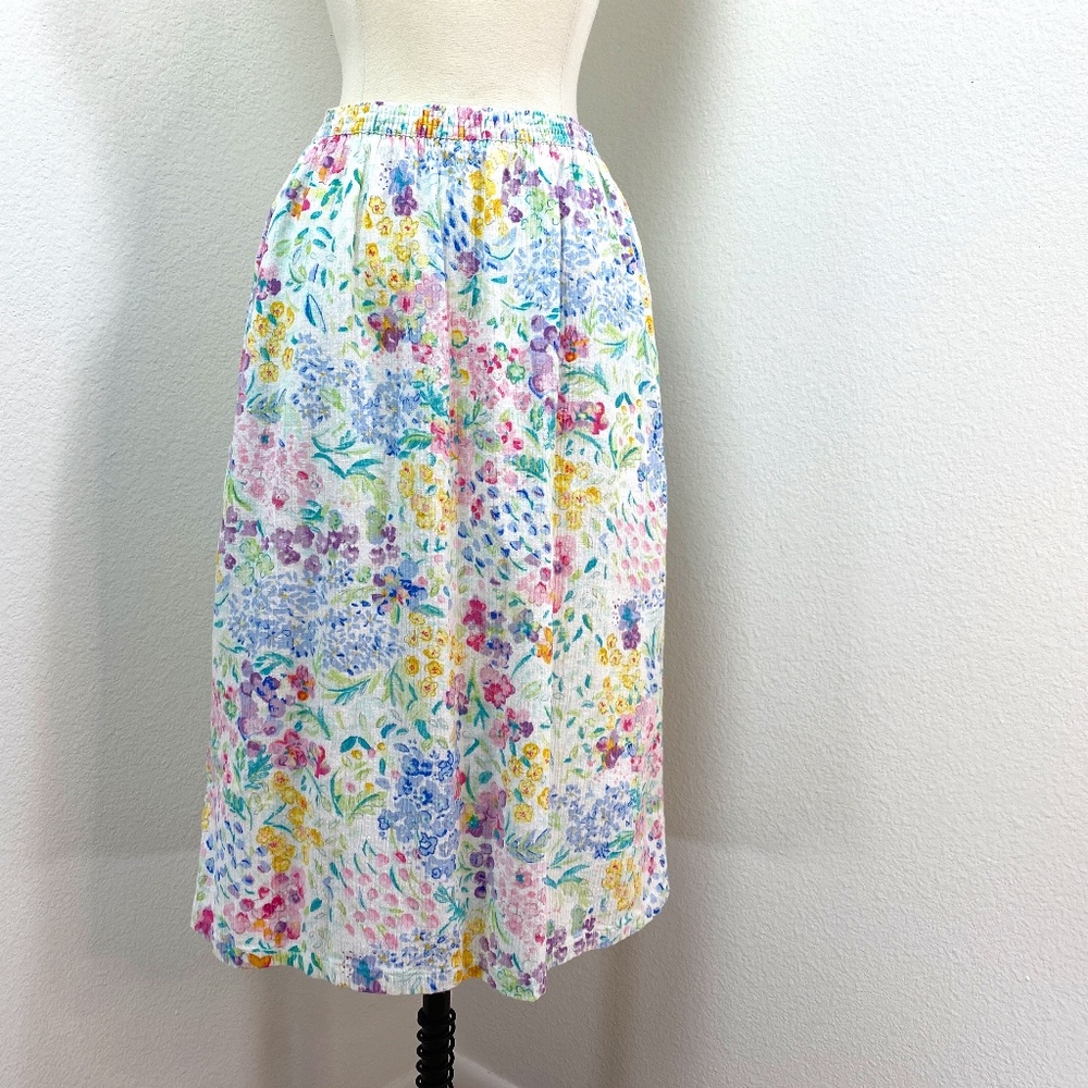 Vintage Koret Floral Midi Skirt in White with Pastel Blue, Pink & Yellow